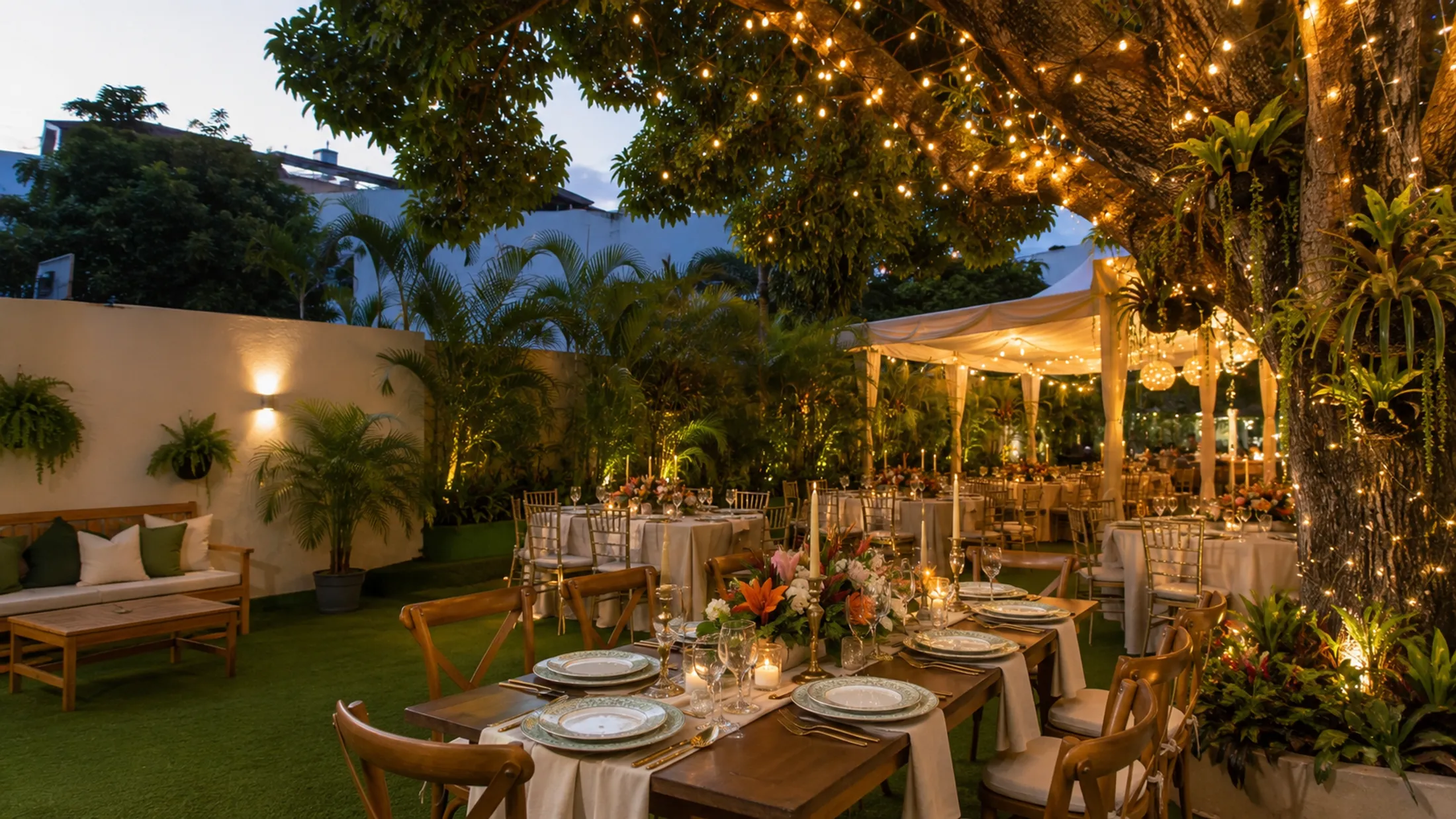 Jardín iluminado de Casita de Chuao preparado para eventos privados en Caracas