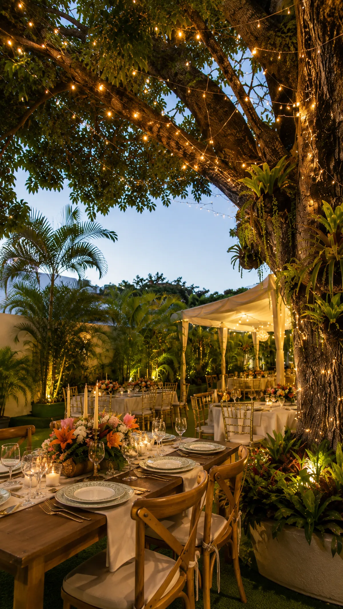 Ambiente exterior iluminado de Casita de Chuao para celebraciones íntimas